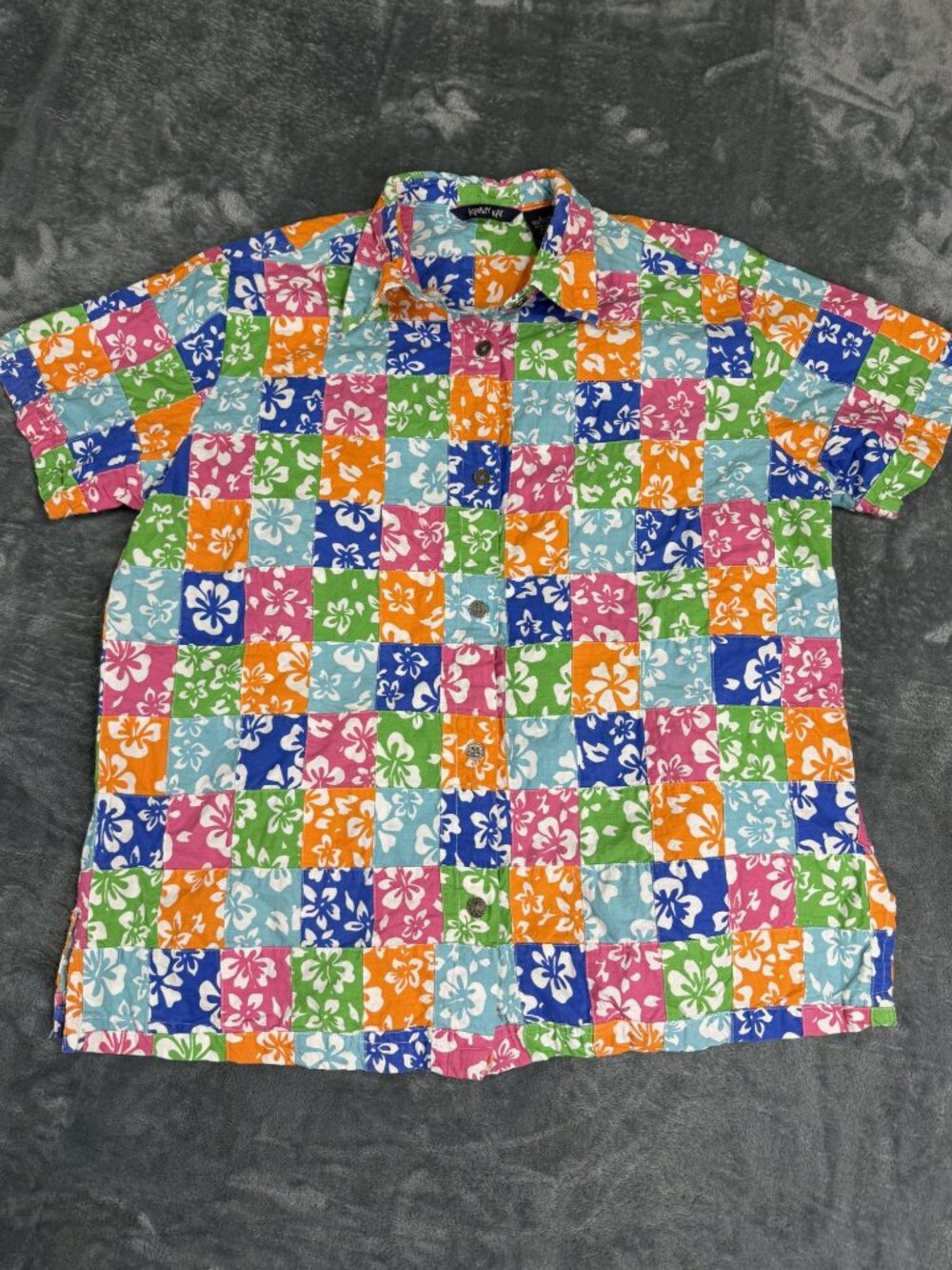 Krazy Kat Women's Multicolor Hawaiian Patchwork Short Sleeve Button-Up Shirt L